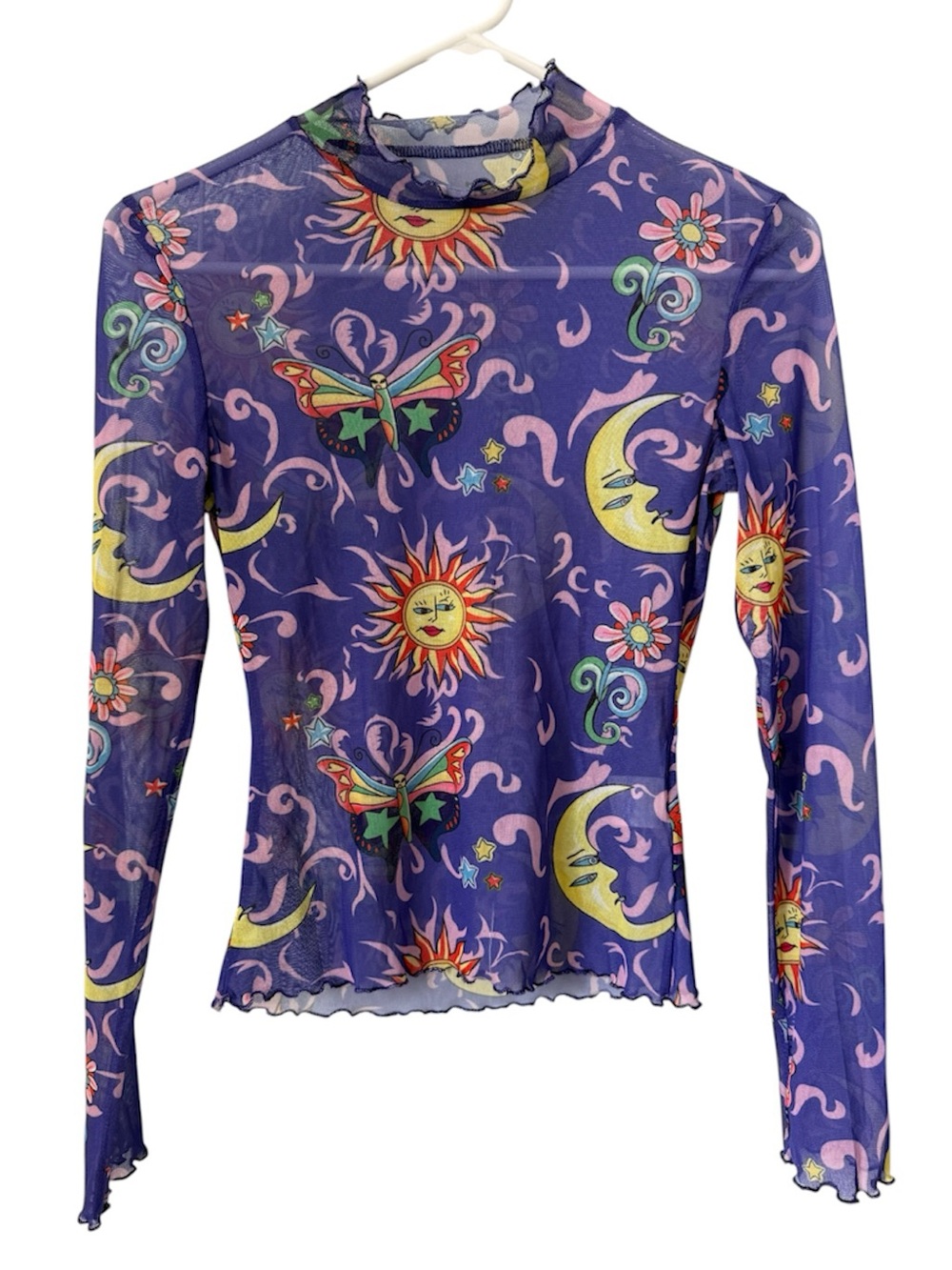 Purple celestial sheer mesh mock neck top long sleeve y2k butterfly layering